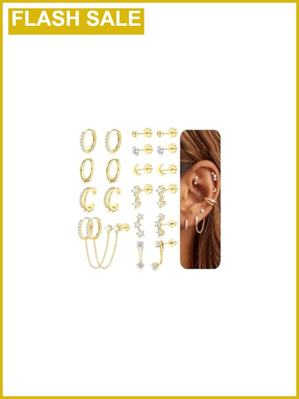 14K Gold Plated Earrings Set Hypoallergenic Cartilage Studs Hoops